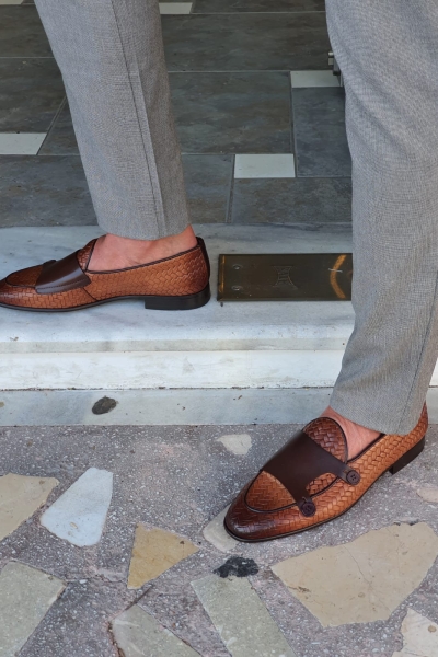 Tan Woven Leather Double Monk Strap Loafers by GentWith.com with Free Worldwide Shipping