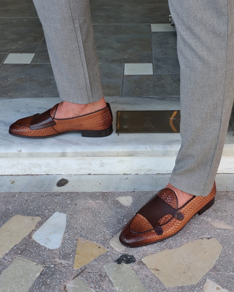 Tan Woven Leather Double Monk Strap Loafers by GentWith.com with Free Worldwide Shipping