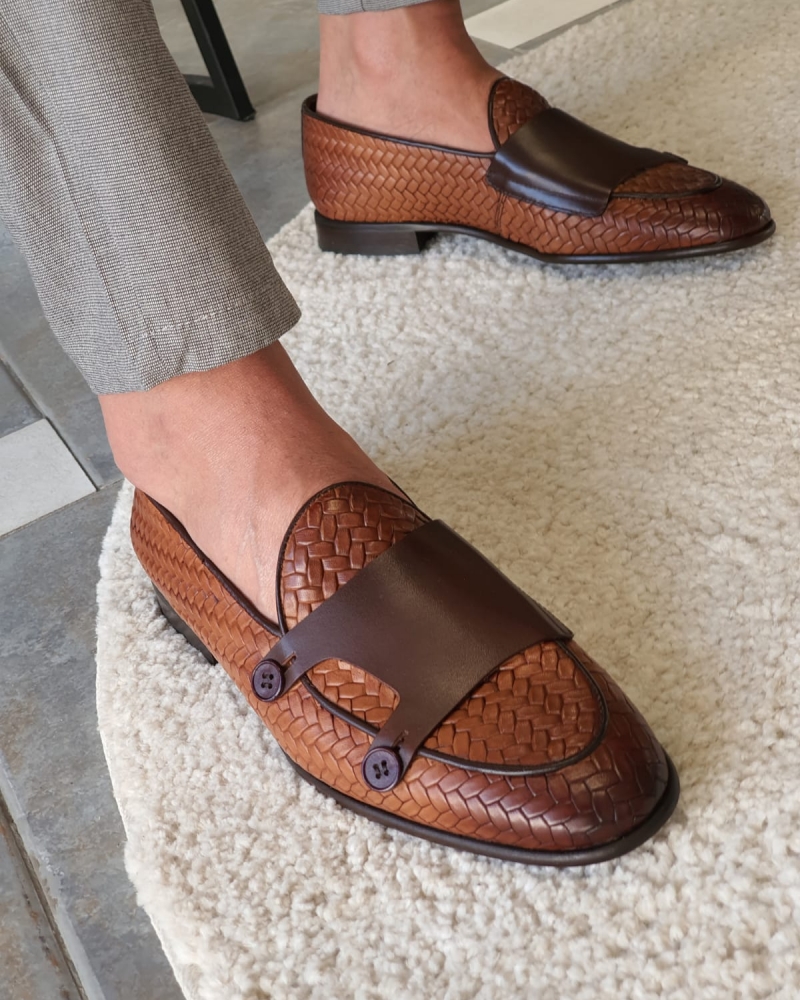 Tan Woven Leather Double Monk Strap Loafers by GentWith.com with Free Worldwide Shipping