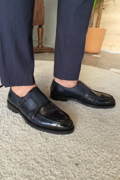 Navy Blue Monk Strap Loafers by GentWith.com with Free Worldwide Shipping