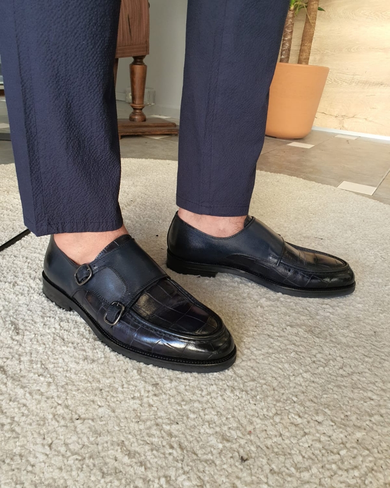 Navy Blue Monk Strap Loafers by GentWith.com with Free Worldwide Shipping