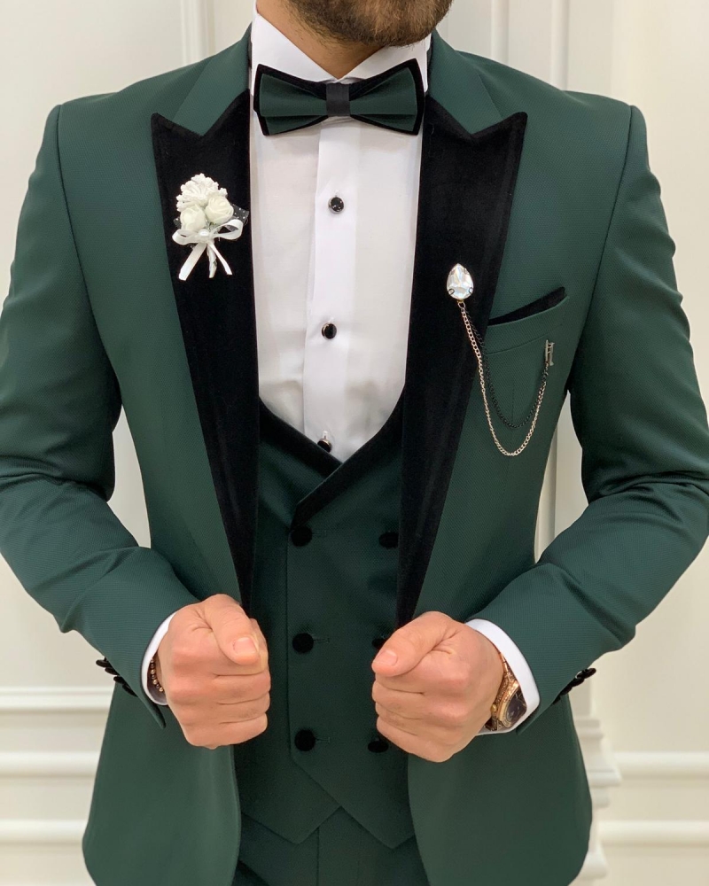Green Slim Fit Velvet Peak Lapel Tuxedo by GentWith.com with Free Worldwide Shipping