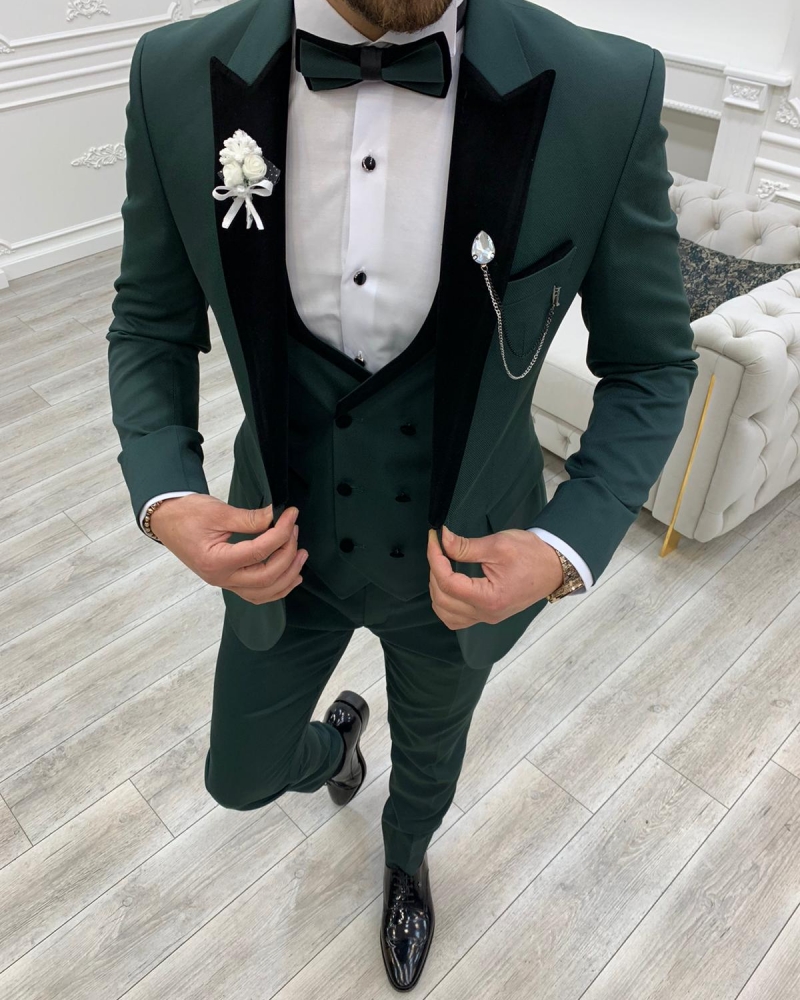 Green Slim Fit Velvet Peak Lapel Tuxedo by GentWith.com with Free Worldwide Shipping