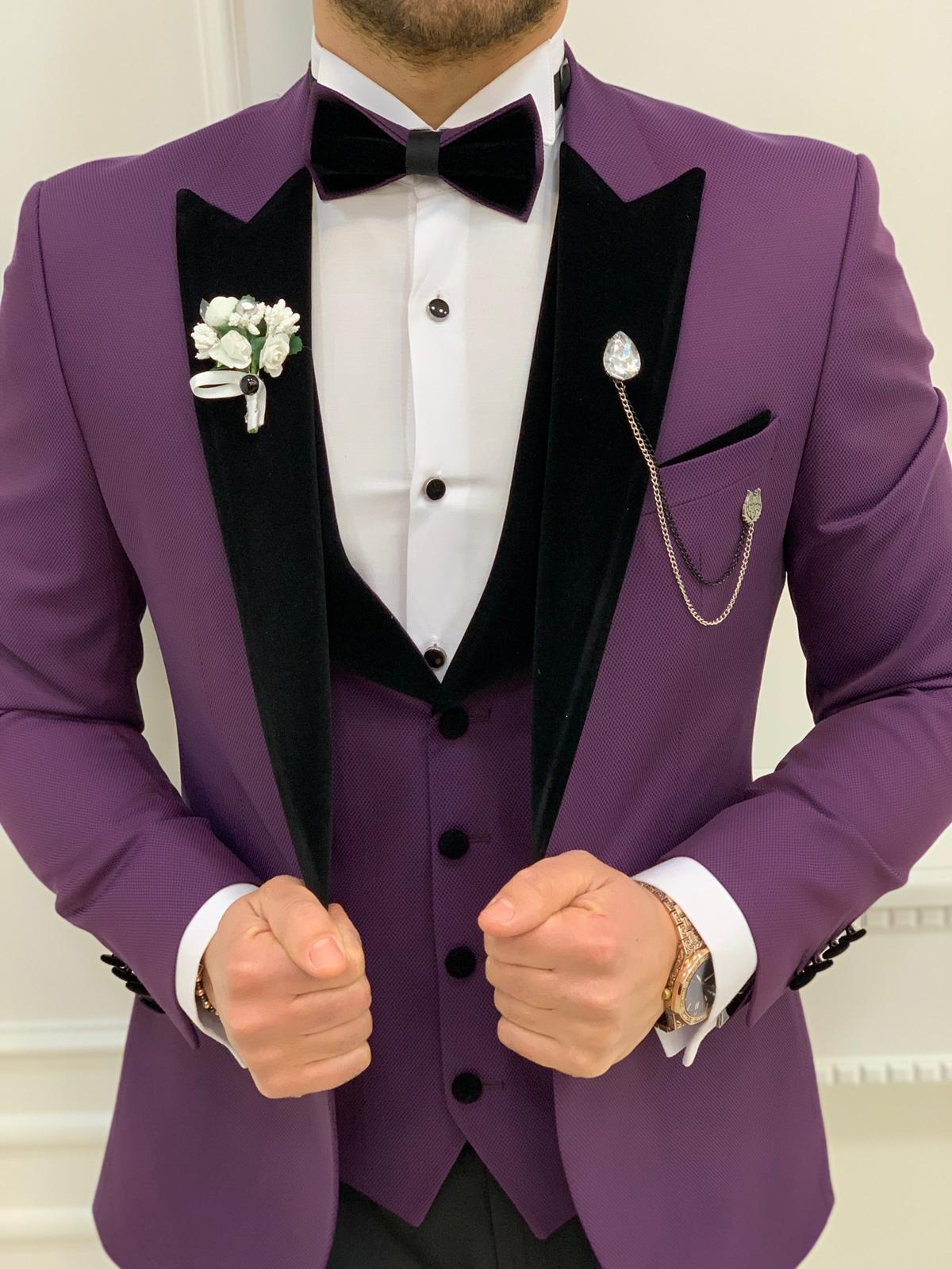 Buy Purple Slim Fit Velvet Peak Lapel Tuxedo By