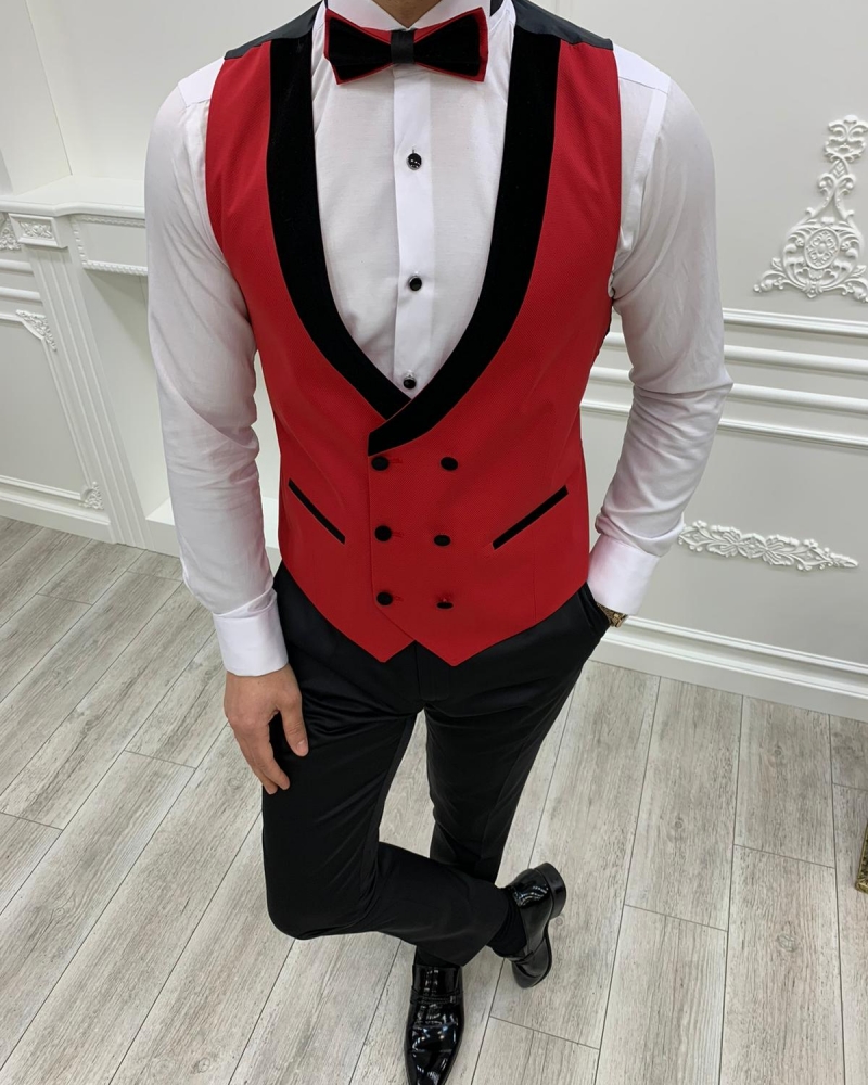 Red Slim Fit Velvet Peak Lapel Tuxedo by GentWith.com with Free Worldwide Shipping