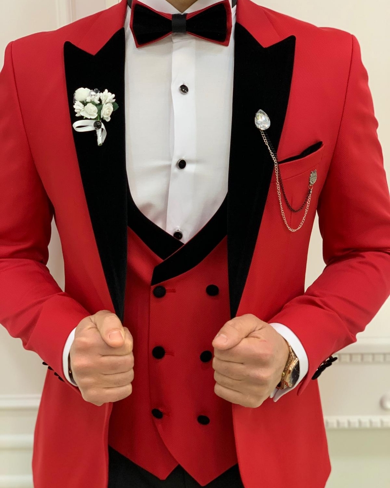 Red Slim Fit Velvet Peak Lapel Tuxedo by GentWith.com with Free Worldwide Shipping