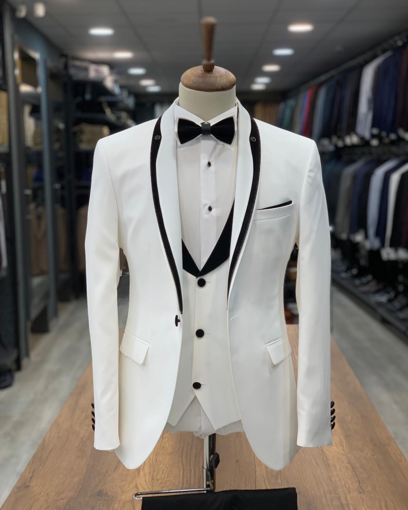 White Slim Fit Shawl Lapel Tuxedo by GentWith.com with Free Worldwide Shipping