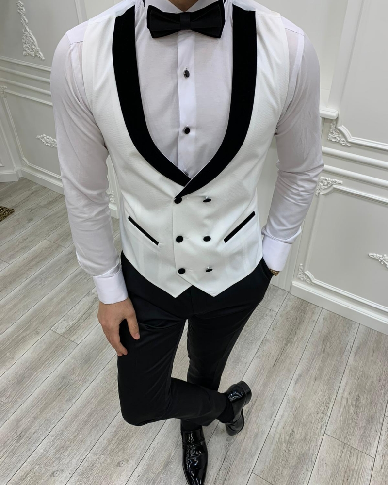White Slim Fit Velvet Peak Lapel Tuxedo by GentWith.com with Free Worldwide Shipping