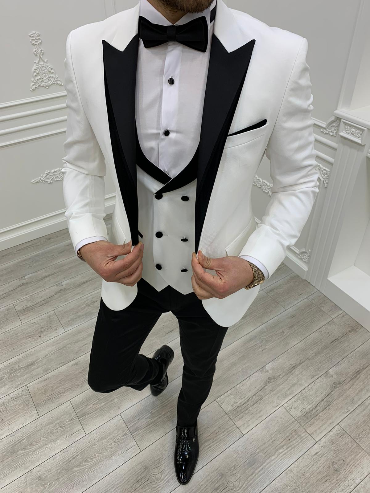 Buy White Slim Fit Velvet Peak Lapel Tuxedo by