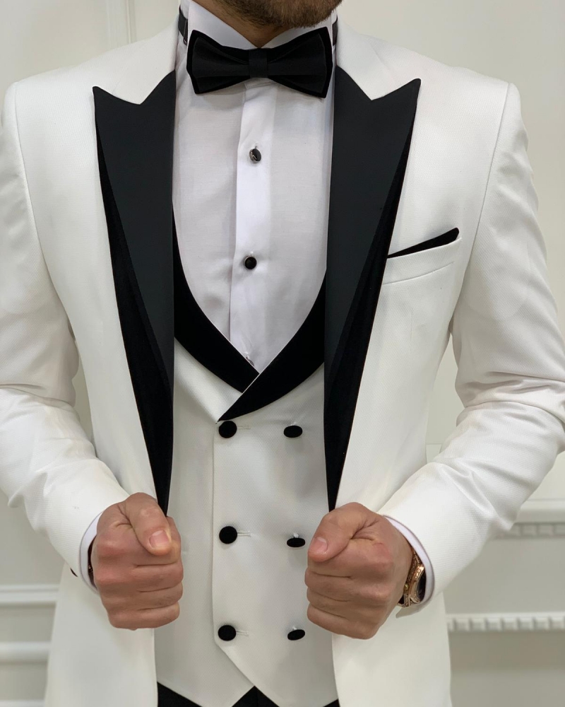 White Slim Fit Velvet Peak Lapel Tuxedo by GentWith.com with Free Worldwide Shipping