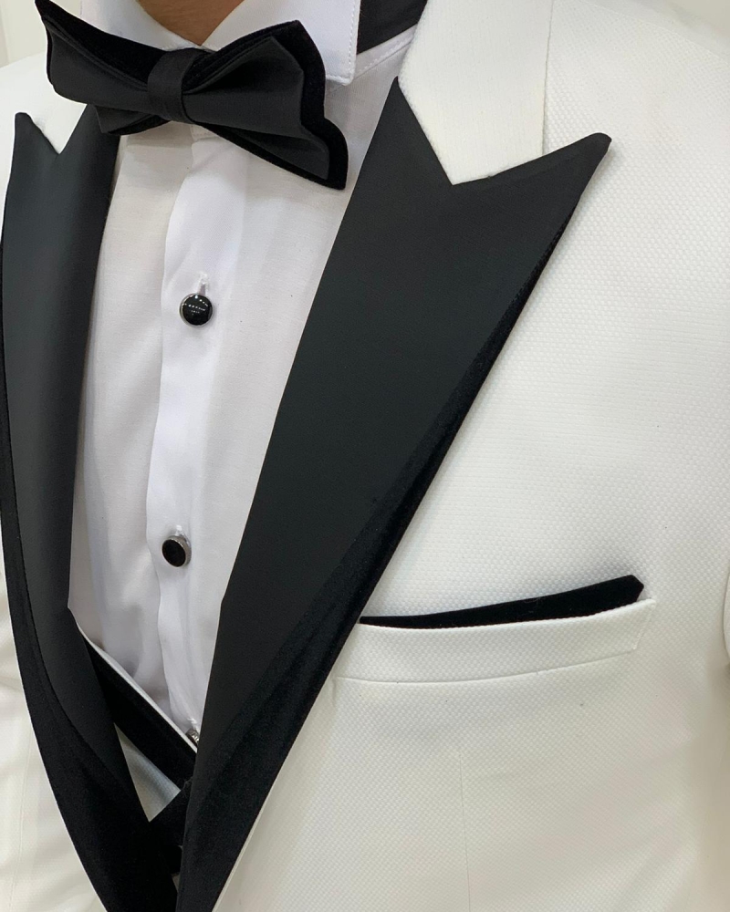 White Slim Fit Velvet Peak Lapel Tuxedo by GentWith.com with Free Worldwide Shipping