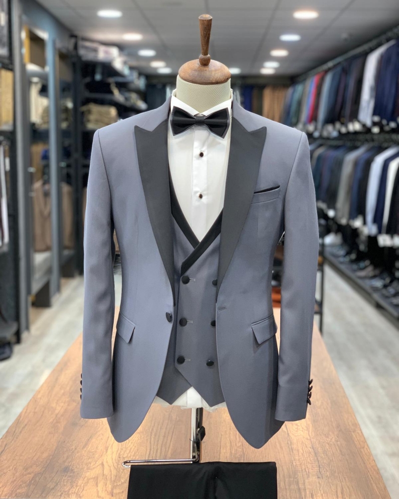 Gray Slim Fit Peak Lapel Tuxedo by GentWith.com with Free Worldwide Shipping