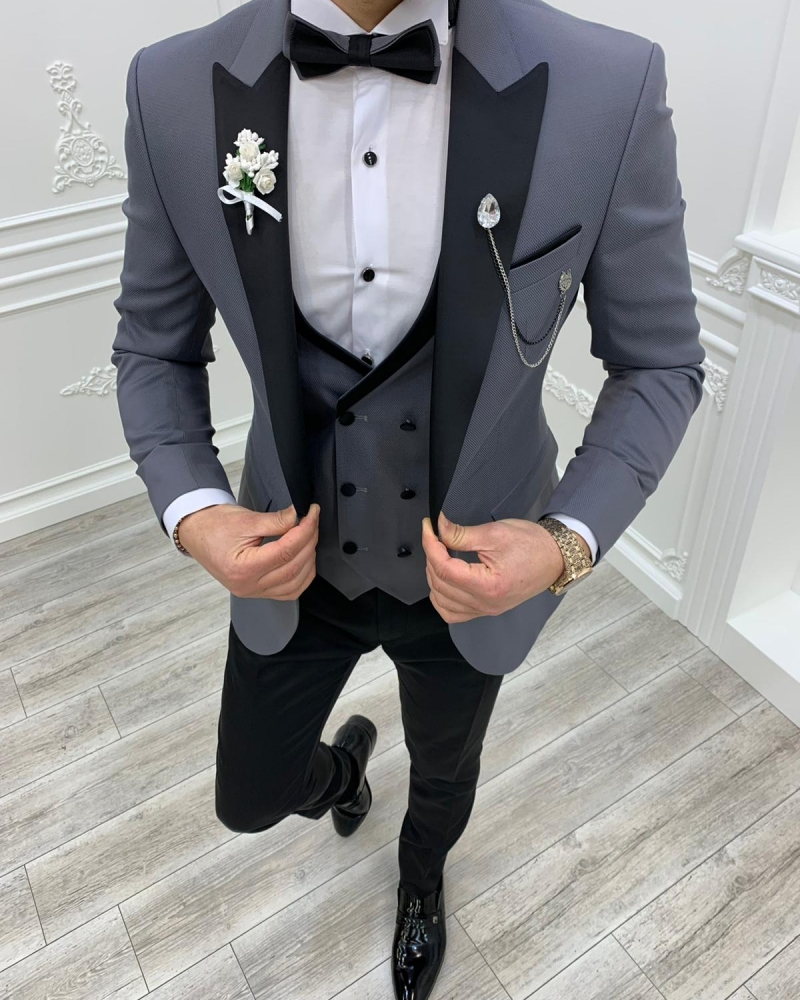 Gray Slim Fit Peak Lapel Tuxedos by GentWith.com with Free Worldwide Shipping
