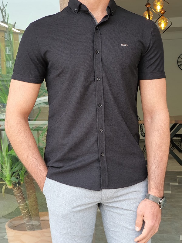 Black Slim Fit Short Sleeve Shirt by GentWith.com with Free Worldwide Shipping