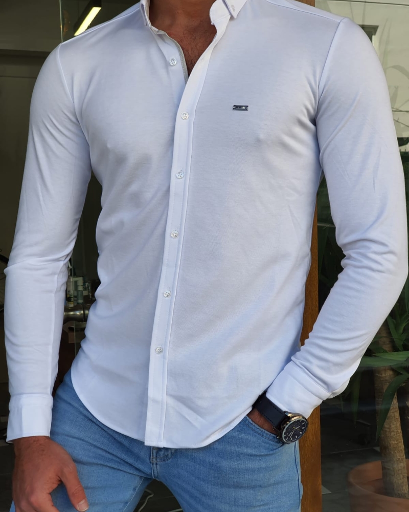 White Slim Fit Long Sleeve Shirt by GentWith.com with Free Worldwide Shipping