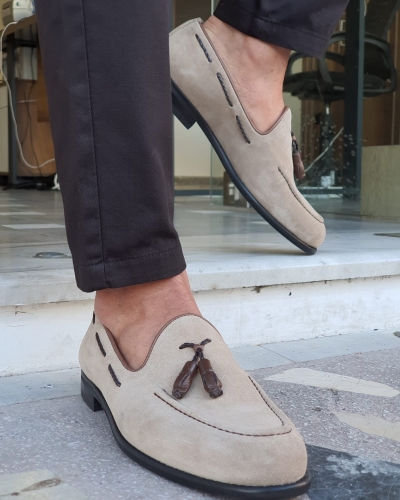 Beige Suede Tassel Loafers by GentWith.com with Free Worldwide Shipping