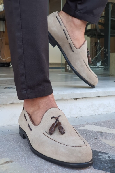 Beige Suede Tassel Loafers by GentWith.com with Free Worldwide Shipping