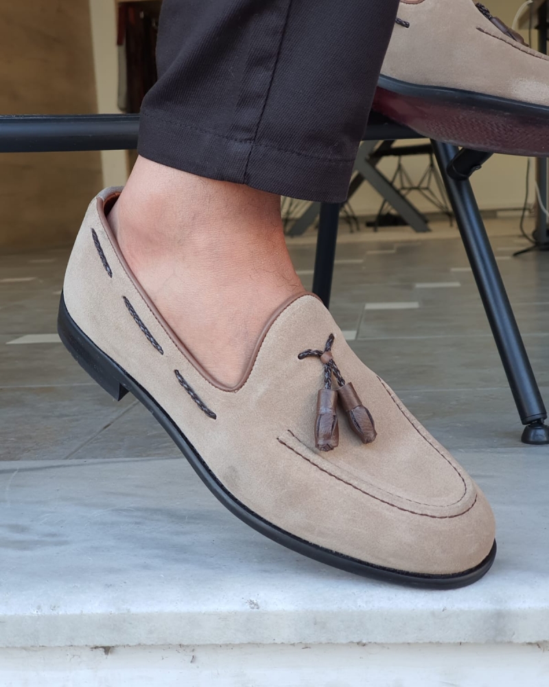 Beige Suede Tassel Loafers by GentWith.com with Free Worldwide Shipping