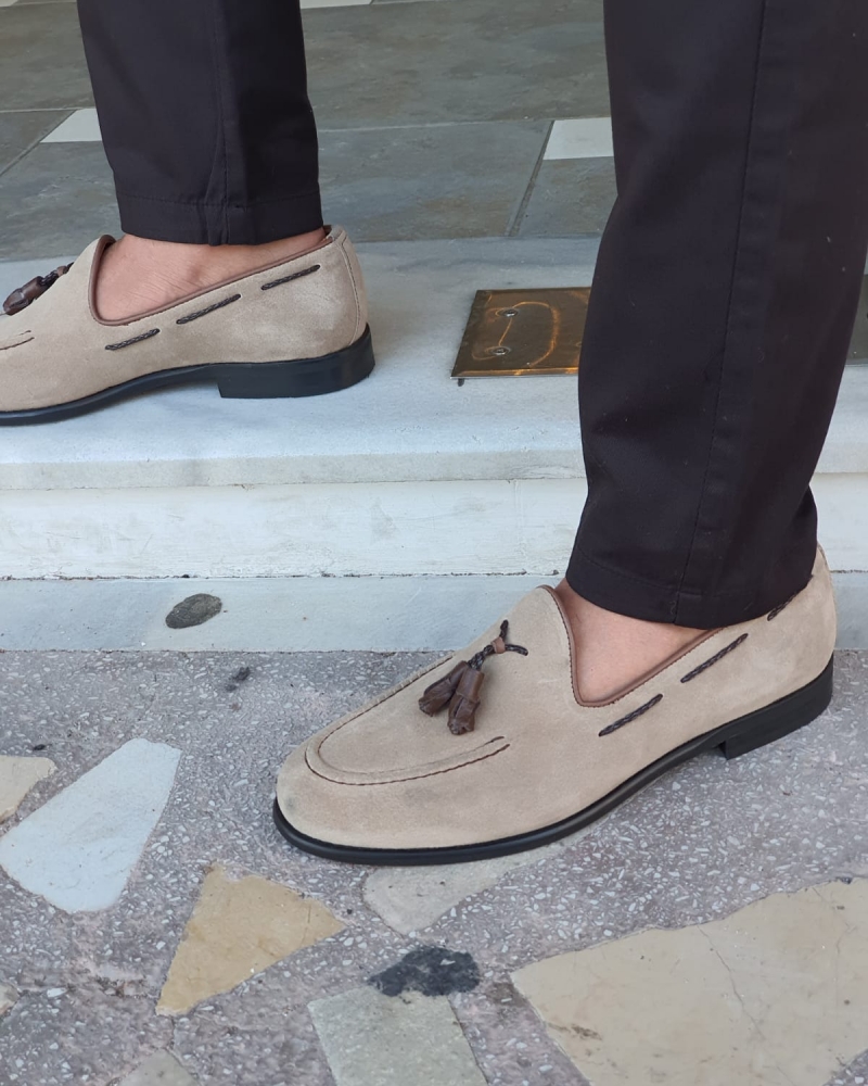 Beige Suede Tassel Loafers by GentWith.com with Free Worldwide Shipping