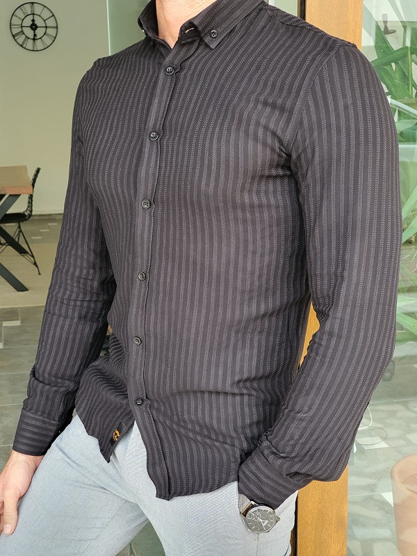 Black Slim Fit Long Sleeve Striped Cotton Shirt by GentWith.com with Free Worldwide Shipping