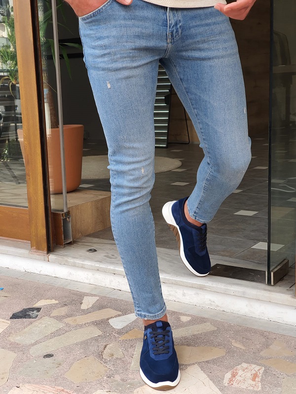 Blue Slim Fit Ripped Jeans by GentWith.com with Free Worldwide Shipping
