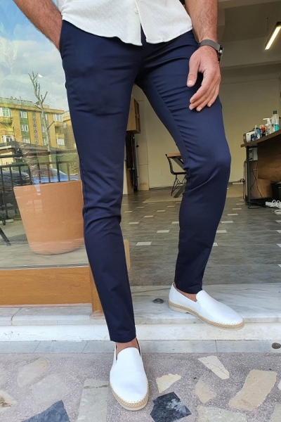 Dark Blue Slim Fit Cotton Pants by GentWith.com with Free Worldwide Shipping