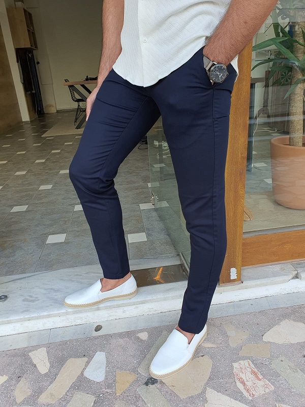 Dark Blue Slim Fit Cotton Pants by GentWith.com with Free Worldwide Shipping
