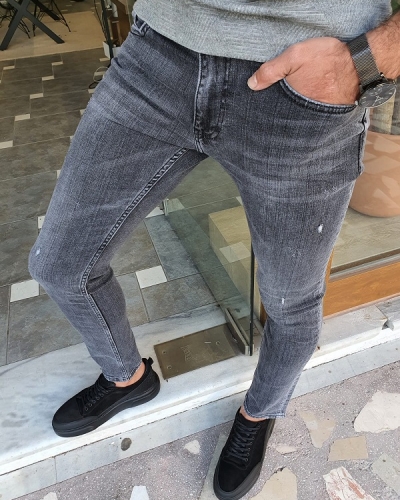 Gray Slim Fit Ripped Jeans by GentWith.com with Free Worldwide Shipping