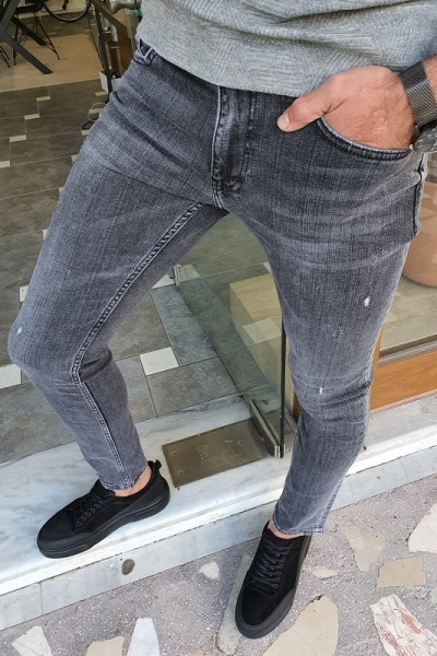 Gray Slim Fit Ripped Jeans by GentWith.com with Free Worldwide Shipping