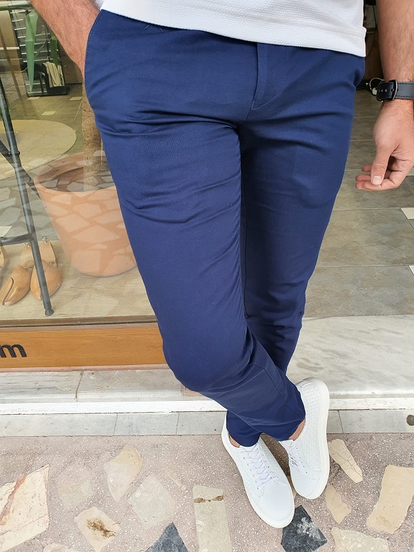 Navy Blue Slim Fit Cotton Pants by GentWith.com with Free Worldwide Shipping