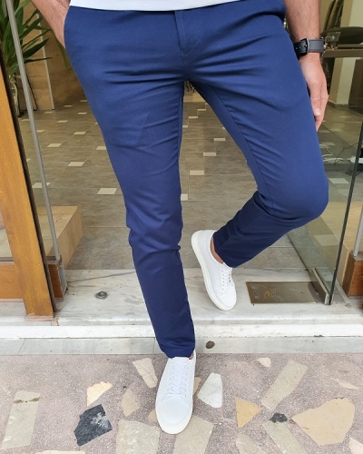 Blue Slim Fit Cotton Pants for Men by