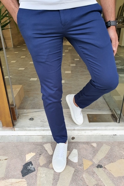 Navy Blue Slim Fit Cotton Pants by GentWith.com with Free Worldwide Shipping