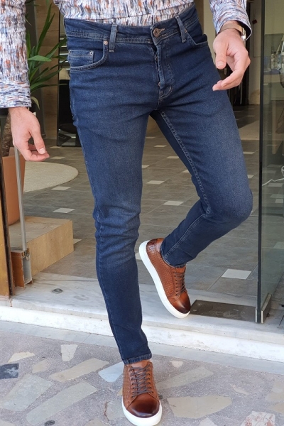 Navy Blue Slim Fit Jeans by GentWith.com with Free Worldwide Shipping