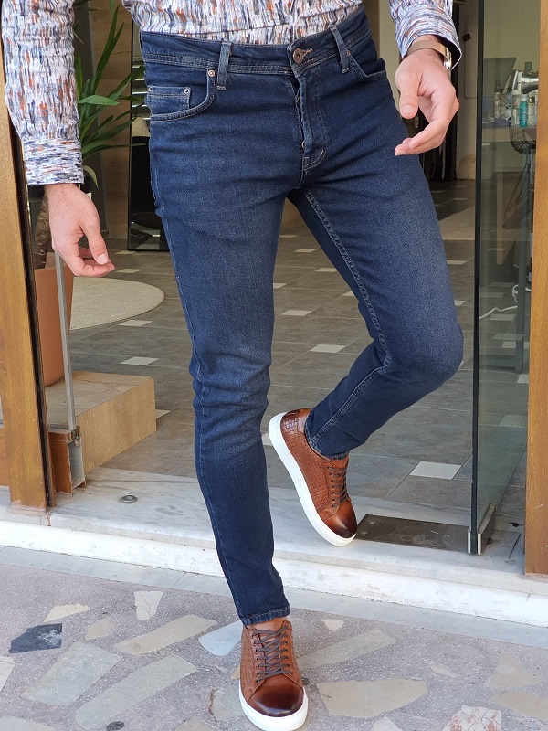 Navy Blue Slim Fit Jeans by GentWith.com with Free Worldwide Shipping