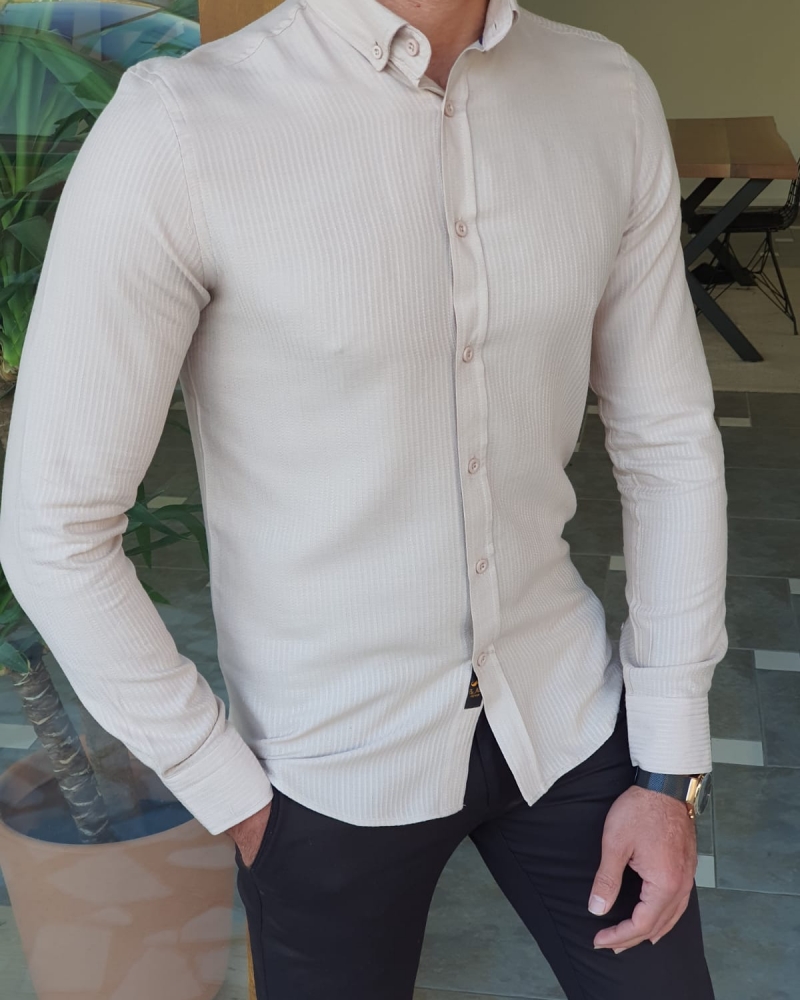 But Beige Slim Fit Long Sleeve Striped Cotton Shirt by GentWith.com