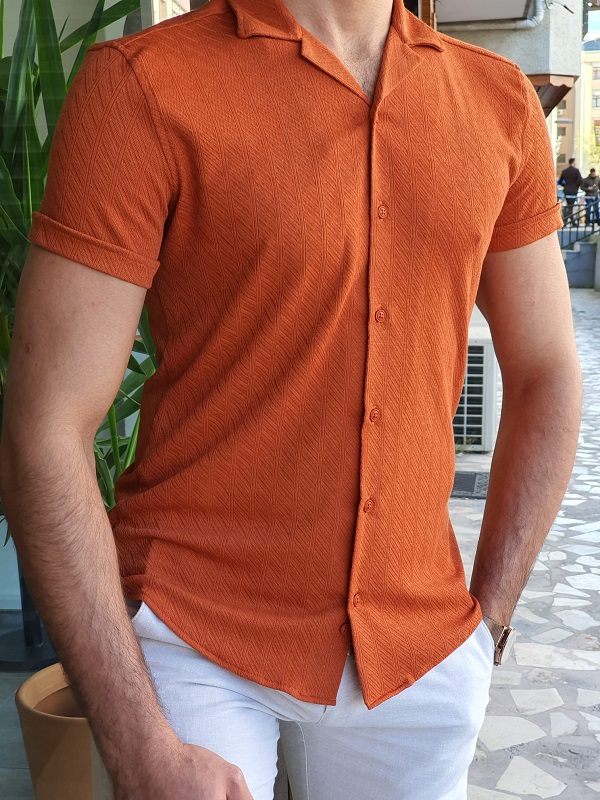 Dark Orange Slim Fit Short Sleeve Shirt by GentWith.com with Free Worldwide Shipping