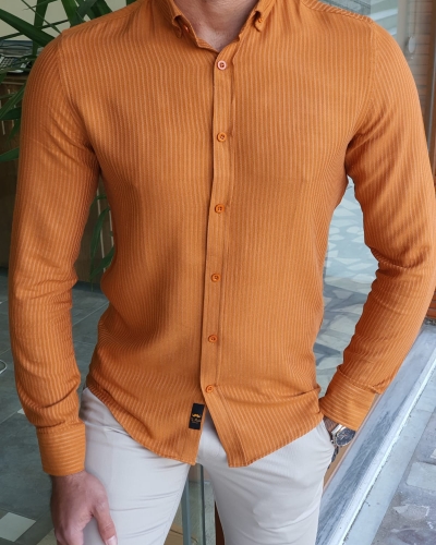 Orange Slim Fit Long Sleeve Striped Cotton Shirt by GentWith.com with Free Worldwide Shipping