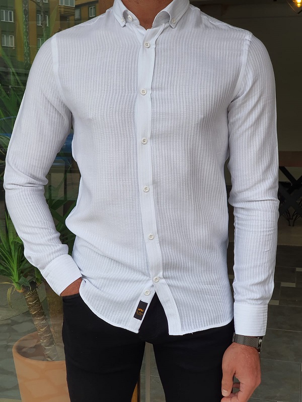 But White Slim Fit Long Sleeve Striped Cotton Shirt by GentWith.com