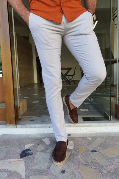 Beige Slim Fit Cotton Pants by GentWith.com with Free Worldwide Shipping