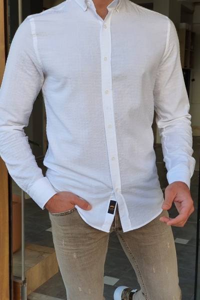 White Slim Fit Long Sleeve Shirt by GentWith.com with Free Worldwide Shipping