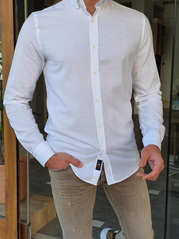 But White Slim Fit Long Sleeve Shirt by GentWith, Worldwide Shipping