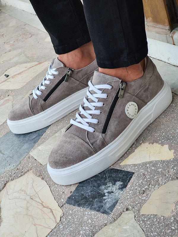 Gray Mid-Top Zipper Sneakers by GentWith.com with Free Worldwide Shipping