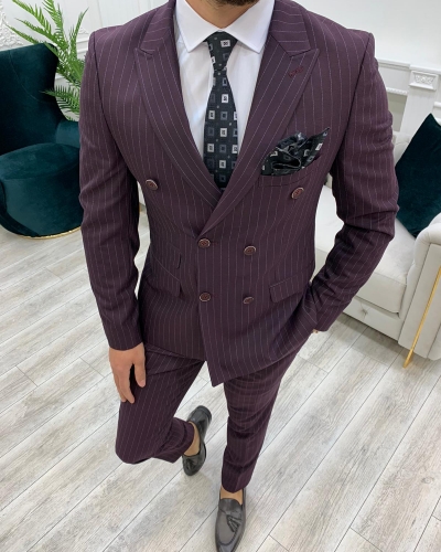 Burgundy Slim Fit Double Breasted Pinstripe Suit by GentWith.com with Free Worldwide Shipping