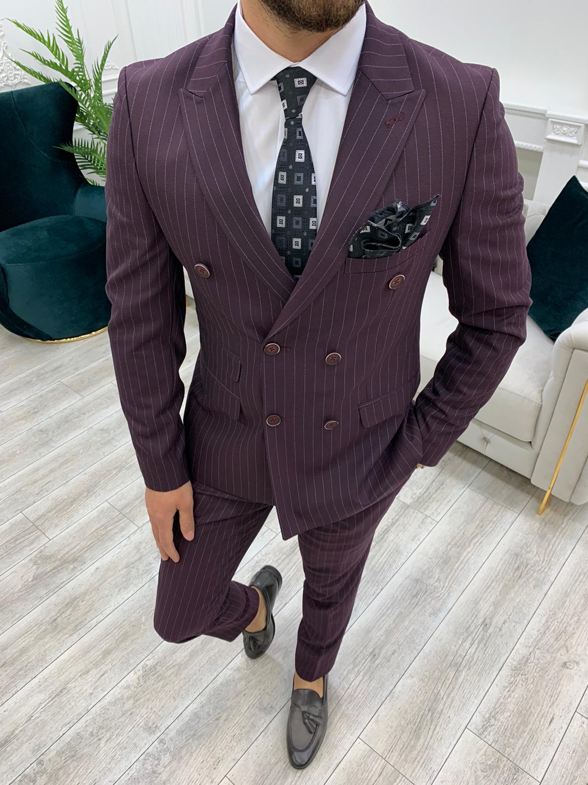Buy Burgundy Slim Fit Double Breasted Pinstripe Suit by GentWith.com