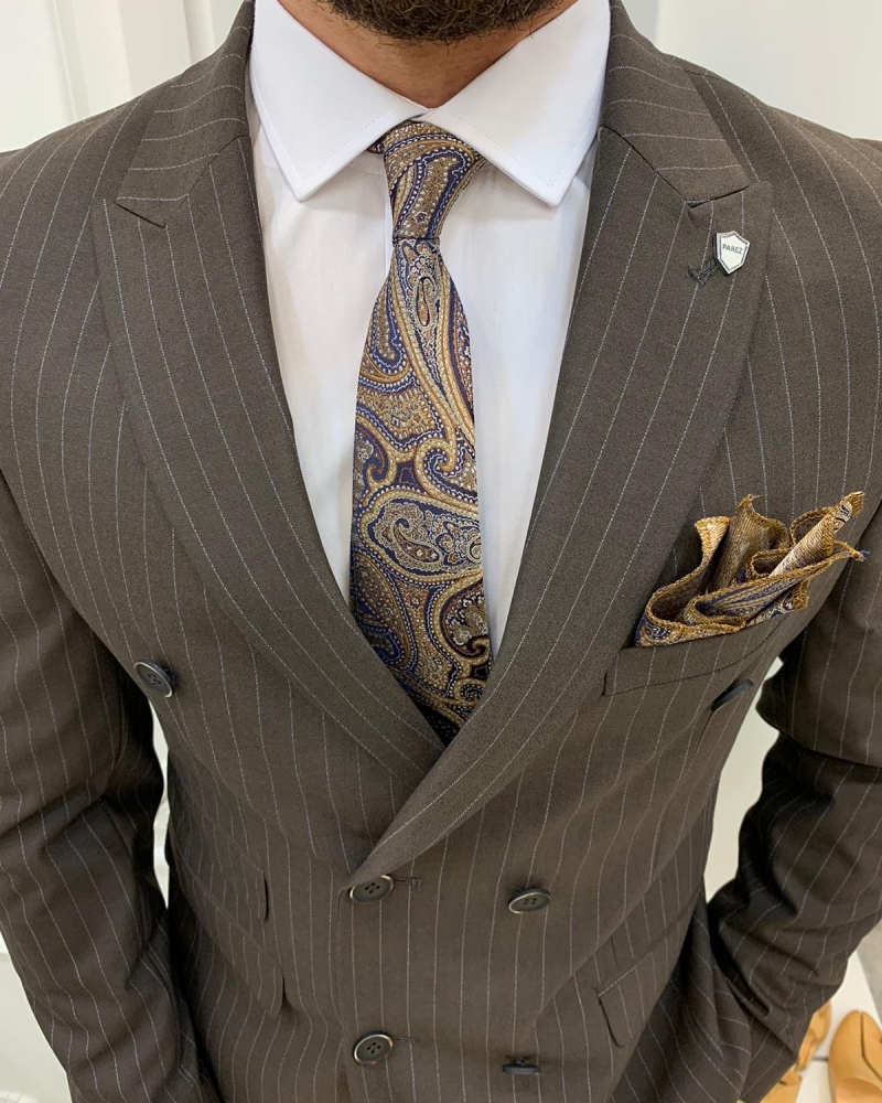 Coffee Slim Fit Double Breasted Pinstripe Suit by GentWith.com with Free Worldwide Shipping
