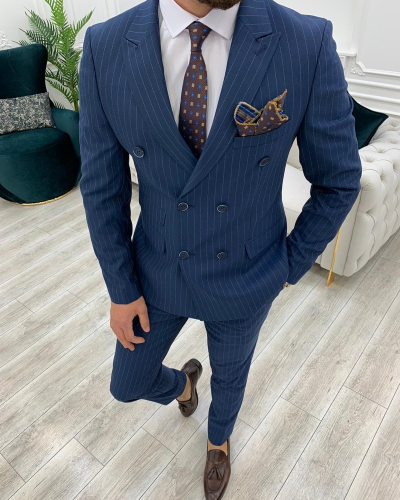 Dark Blue Slim Fit Double Breasted Pinstripe Suit by GentWith.com with Free Worldwide Shipping