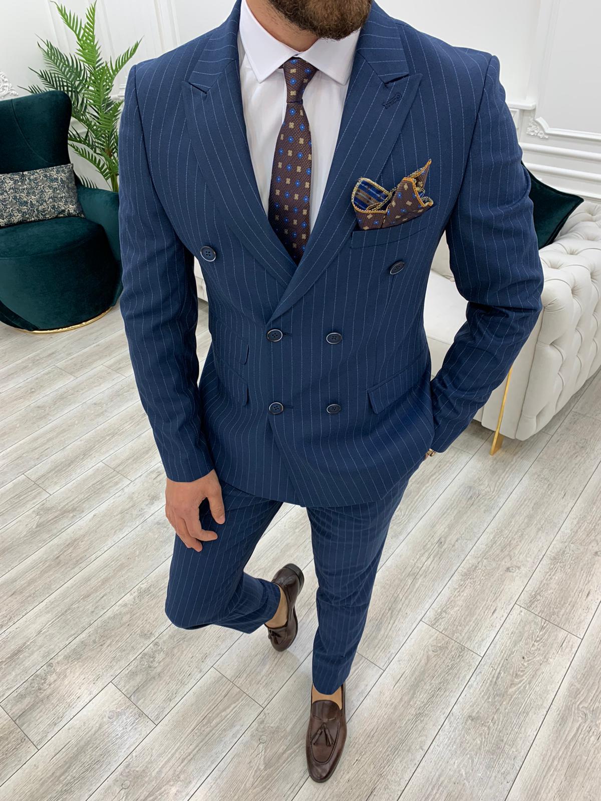 Buy Dark Blue Slim Fit Double Breasted Pinstripe Suit by GentWith.com