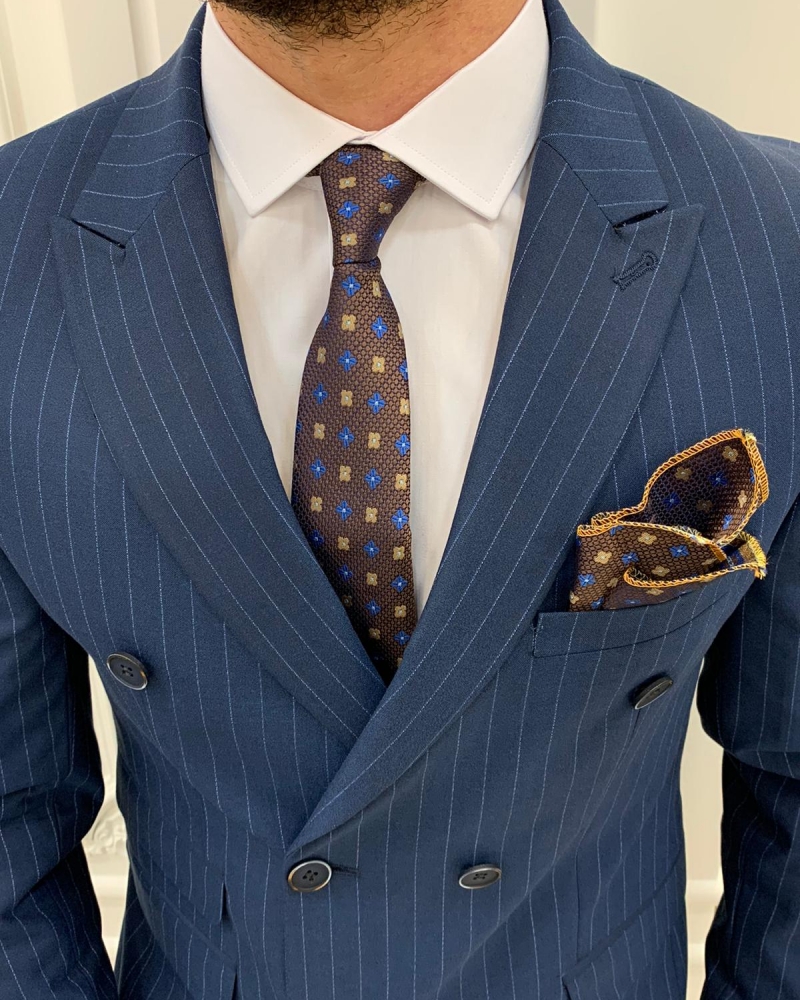 Dark Blue Slim Fit Double Breasted Pinstripe Suit by GentWith.com with Free Worldwide Shipping