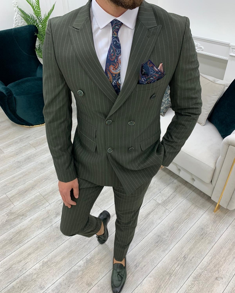 Green Slim Fit Double Breasted Pinstripe Suit by GentWith.com with Free Worldwide Shipping