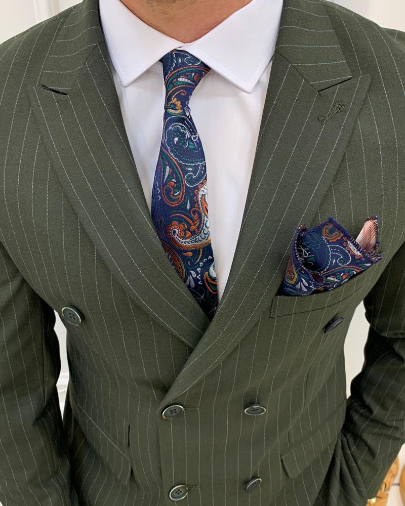 Green Slim Fit Double Breasted Pinstripe Suit by GentWith.com with Free Worldwide Shipping